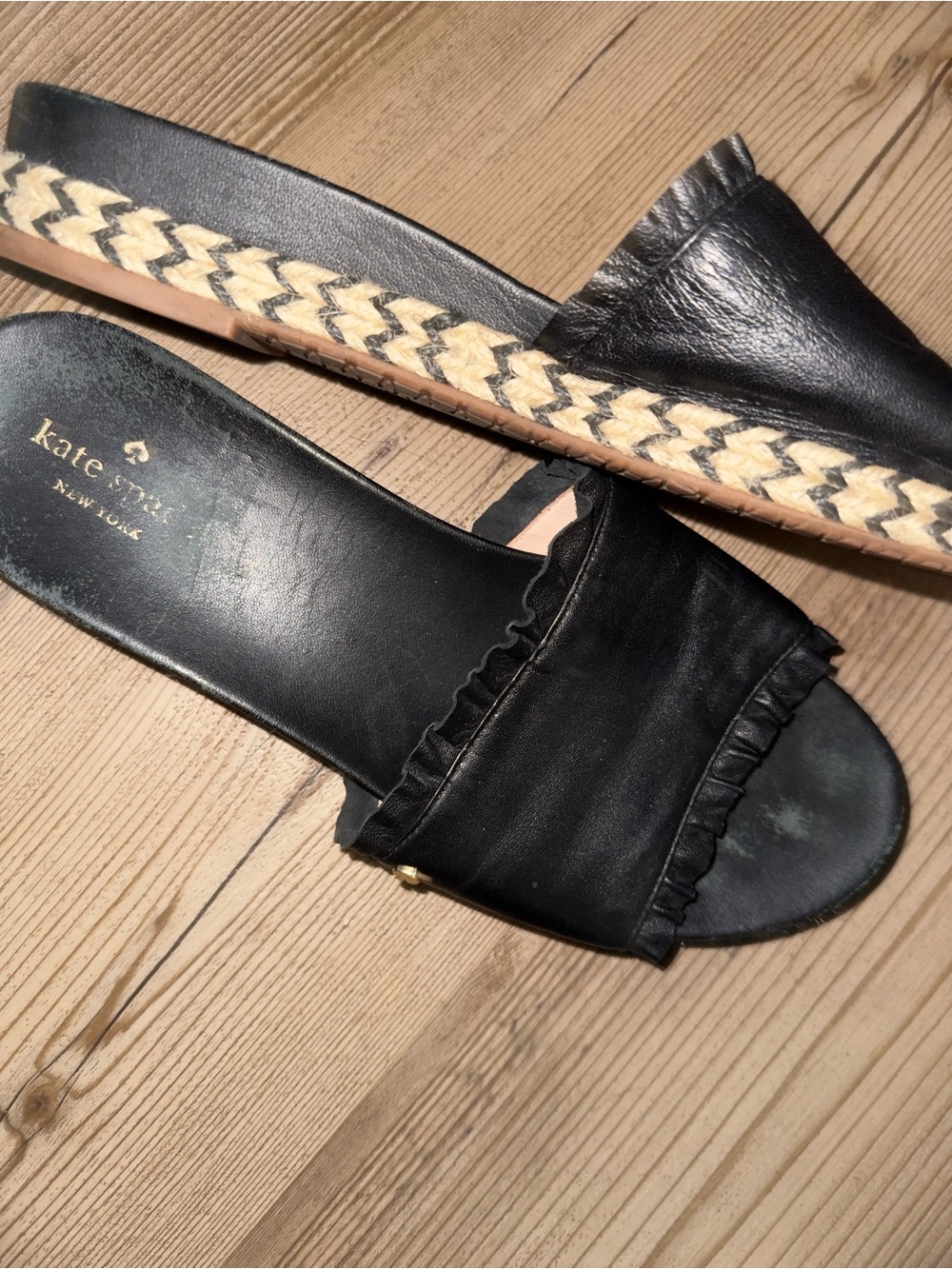 kate spade Black Leather Ruffle Espadrille Slide Mules